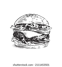 burger hand drawing sketch engraving illustration style