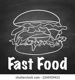 a burger hand drawn with chalk on a blackboard. isolated vector graphic.
