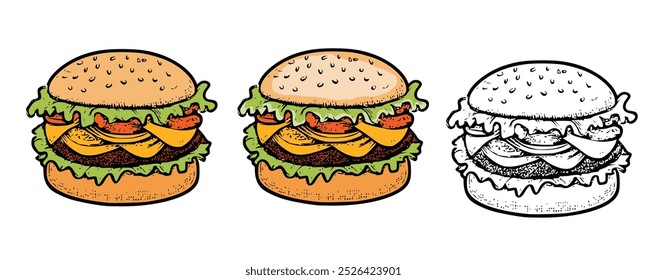 Burger hand drawn colorful vector illustration. hand drawn fast food burger
