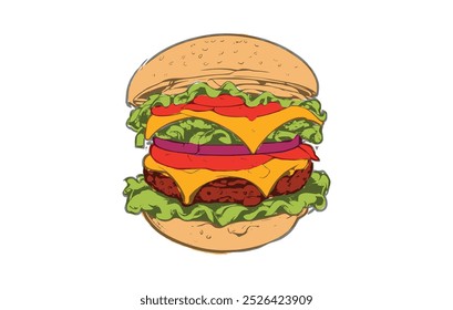 Burger hand drawn colorful vector illustration. hand drawn fast food burger
