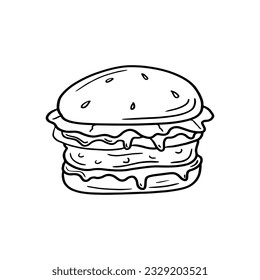 Burger. Hand drawn doodle style. Vector illustration isolated on white. Coloring page.