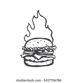 Burger Hand Drawn With Fire Flame. Vector
