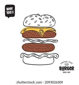 Burger hand drawn illustration. Doodle vector for Burger house.