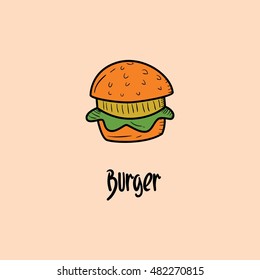 Burger hand drawn objects and symbols with color. Burger sketch cartoon style with color, vector illustration
