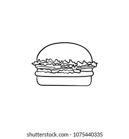 Burger hand drawn outline doodle icon. Hamburger vector sketch illustration for print, web, mobile and infographics isolated on white background. Grilled fast food concept.