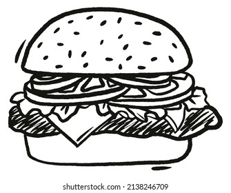 Burger hand drawn outline doodle icon. Grilled Hamburger fast food  vector sketch illustration  on white background