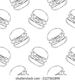 burger hand drawn seamless pattern on white background