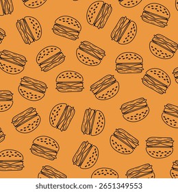 Burger hand drawn seamless pattern. Drawn burger background. Doodle hand drawn hamburger illustration.