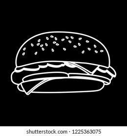Burger hand drawn vector illustration realistic sketch , drawn in chalk on a black board. Hamburger food menu for restaurant and cafe.