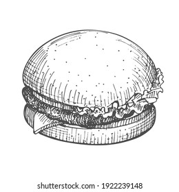 Burger hand drawn. Vector illustration of vintage hamburger sketch isolated on white background. Icon drawing for restaurant menu.