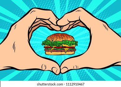 Burger, hand gesture heart. Comic cartoon pop art retro vector illustration kitsch vintage drawing