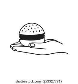 Burger in Hand Line Icon. Doodle Gesturing with Hamburger. Fast food outline symbol. Sketch design element for Restaurant and Eatery. Vector illustration