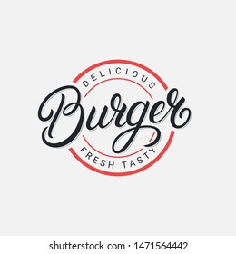 Logo grabado a mano de hamburguesa, etiqueta, placa, emblema, signo. Caligrafía moderna de cepillos, tipografía. Estilo retro vintage. Ilustración vectorial.