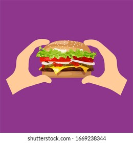 Burger in hands isolated on
purple background. Vector Realistic Hamburger Classic Burger American Cheeseburger with Lettuce Tomato Onion Cheese Beef and Sauce Close up. Copy paste. Space for text.