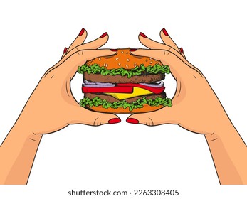 Burger in hands isolated on white background. Vector illustration on a comic style