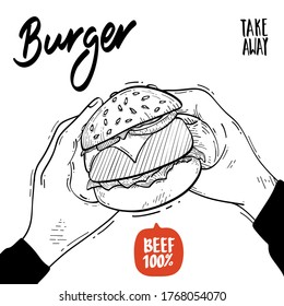 Burger in the hands of a man. Hand drawn vector illustration.