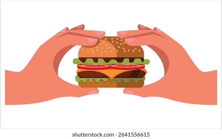 Burger in hands vector art, isolated on white. Perfect for food delivery, diner themes, and junk food visuals.