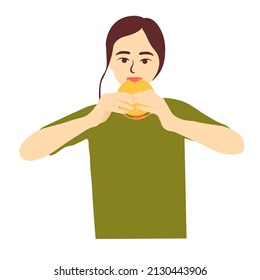 Burger has a girl. Vector stock illustration. Hands holding a bun. Fast food. Isolated on a white background.