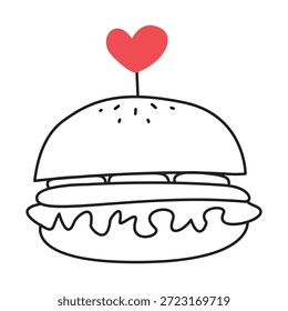 Hamburguesa con corazón. Doodle, lineal