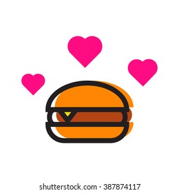 Burger with hearts, love burger, flat vector design icon on white background