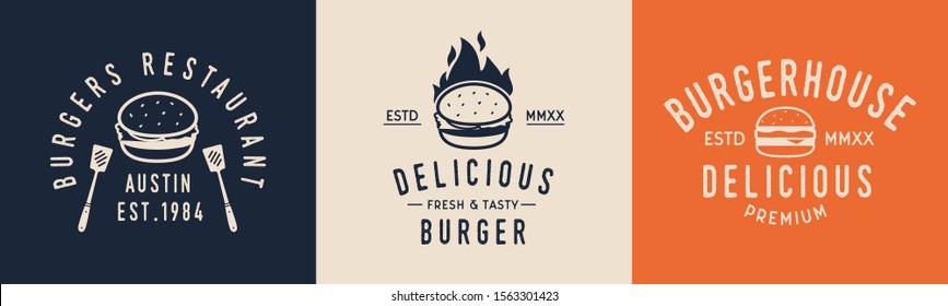 Burger hipster logo set. Logo for burger house, restaurant with burger icon. Typography restaurant. Vector logo, sticker, poster template for restaurant, burger house.