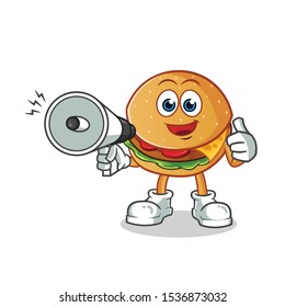 burger hold handy loudspeaker cartoon vector mascot illustration