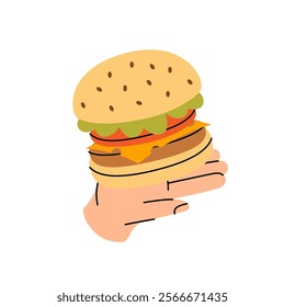 Burger hold on human hand. Traditional American fast food. Vector illustration.