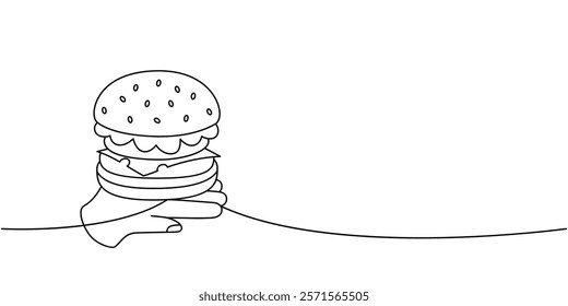 Burger hold on human hand one line continuous drawing. Traditional American fast food. Vector illustration.