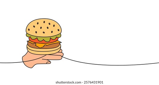 Burger hold on human hand one line colored continuous drawing. Traditional American fast food.