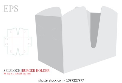 Burger Holder Template, vector with die cut / laser cut layers. Burger carrier, Open Burger Box. White, clear, blank, isolated Paper Burger Holder mock up on white background, perspective presentation