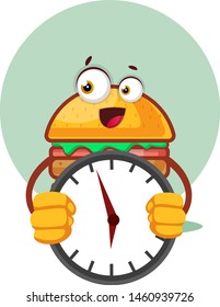 Burger sostiene un reloj, ilustración, vector sobre fondo blanco.