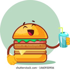 Burger is holding cup with straw, illustration, vector on white background.