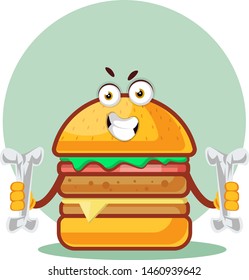 Burger is holding two bones, illustration, vector on white background.