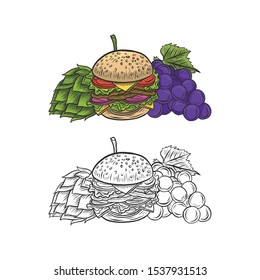 Burger, Hope and Grape Hand Drawing Illustration