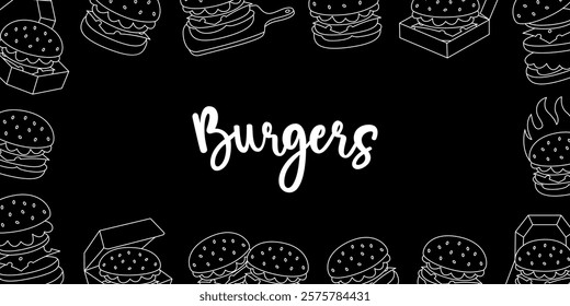 Burger horizontal banner. Beef burger, hamburger, veggie burger, cheeseburger. Vector illustration.