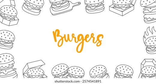 Burger horizontal outline banner. American street fast food. Beef burger, hamburger, veggie burger, cheeseburger. Vector illustration.