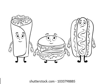 Burger hot dog and burrito cartoon character coloring vector illustration. Cartoon food character. Comic book style imitation.
