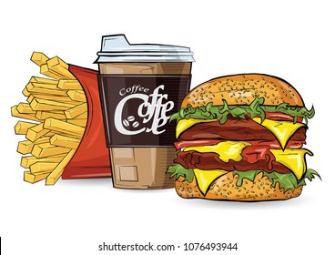 Burger, hot dog and cofee in sketch style on the white background. Vector illustration.