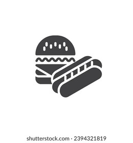 Icono vectorial de hamburguesa y hot dog. signo plano relleno para concepto móvil y diseño web. Icono de glifo de menú de comida rápida. Símbolo, ilustración del logotipo. Gráficos vectoriales