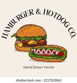 Diseño del logotipo vectorial de la hamburguesa y Hotdog para ropa, logotipos de restaurantes, web, etc