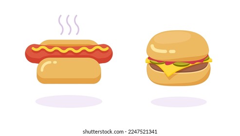 Burger and hotdog icon vector flat drawn or hamburger cheeseburger and hot dog sandwich fast food isolated illustration design clipart, fastfood menu clip art image modern