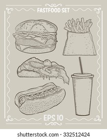 burger, hot-dog, pizza, fries & soda.  Fastfood collection set