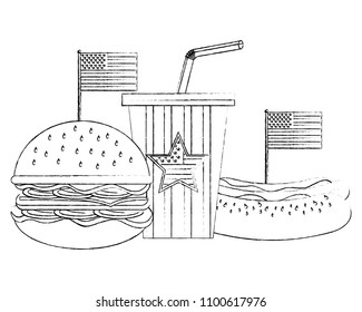 burger hotdog and soda with flag american