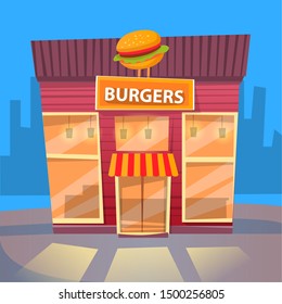 Burger house in city, night cityscape with exterior of building selling fast food and snacks. Eatery diner with meals and dishes to have dinner. Vector illustration in flat cartoon style