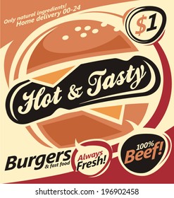 Burger house flyer template. Poster design for fast food restaurant. Flat vector menu concept for web banner or printing material. 