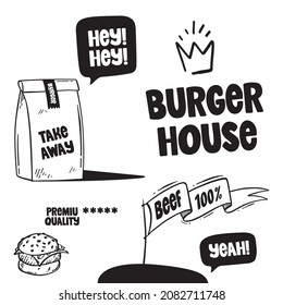 Ilustración de Burger House. Mano vectora de una hamburguesa, saca la bolsa y la bandera del 100% de la carne.