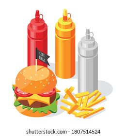Burger house isometric background composition of burger with fries and three colourful bottles of delicious sauce vector illustration
