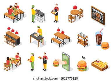 Burger house isometric icon set with isolated images of restaurant seats with waiter characters and food vector illustration