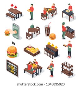Burger house isometric recolor set of isolated icons food images and characters of fastfood restaurant workers vector illustration