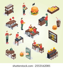 Burger house isometric recolor set of isolated icons food images and characters of fastfood restaurant workers vector illustration